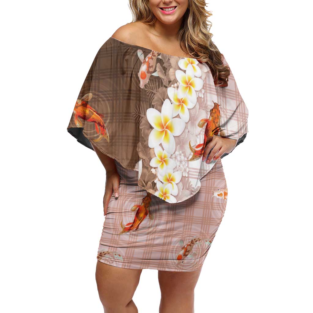 Hawaii And Japan Off Shoulder Short Dress Plumeria Lei With Koi Fish Beige - Polynesian Pride