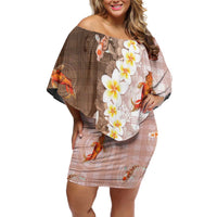 Hawaii And Japan Off Shoulder Short Dress Plumeria Lei With Koi Fish Beige - Polynesian Pride