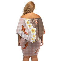 Hawaii And Japan Off Shoulder Short Dress Plumeria Lei With Koi Fish Beige - Polynesian Pride