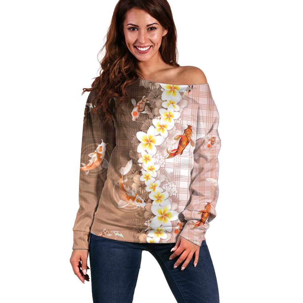 Hawaii And Japan Off Shoulder Sweater Plumeria Lei With Koi Fish Beige - Polynesian Pride