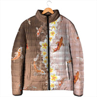 Hawaii And Japan Padded Jacket Plumeria Lei With Koi Fish Beige - Polynesian Pride