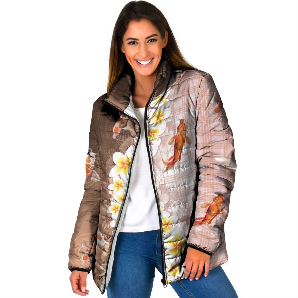 Hawaii And Japan Padded Jacket Plumeria Lei With Koi Fish Beige - Polynesian Pride