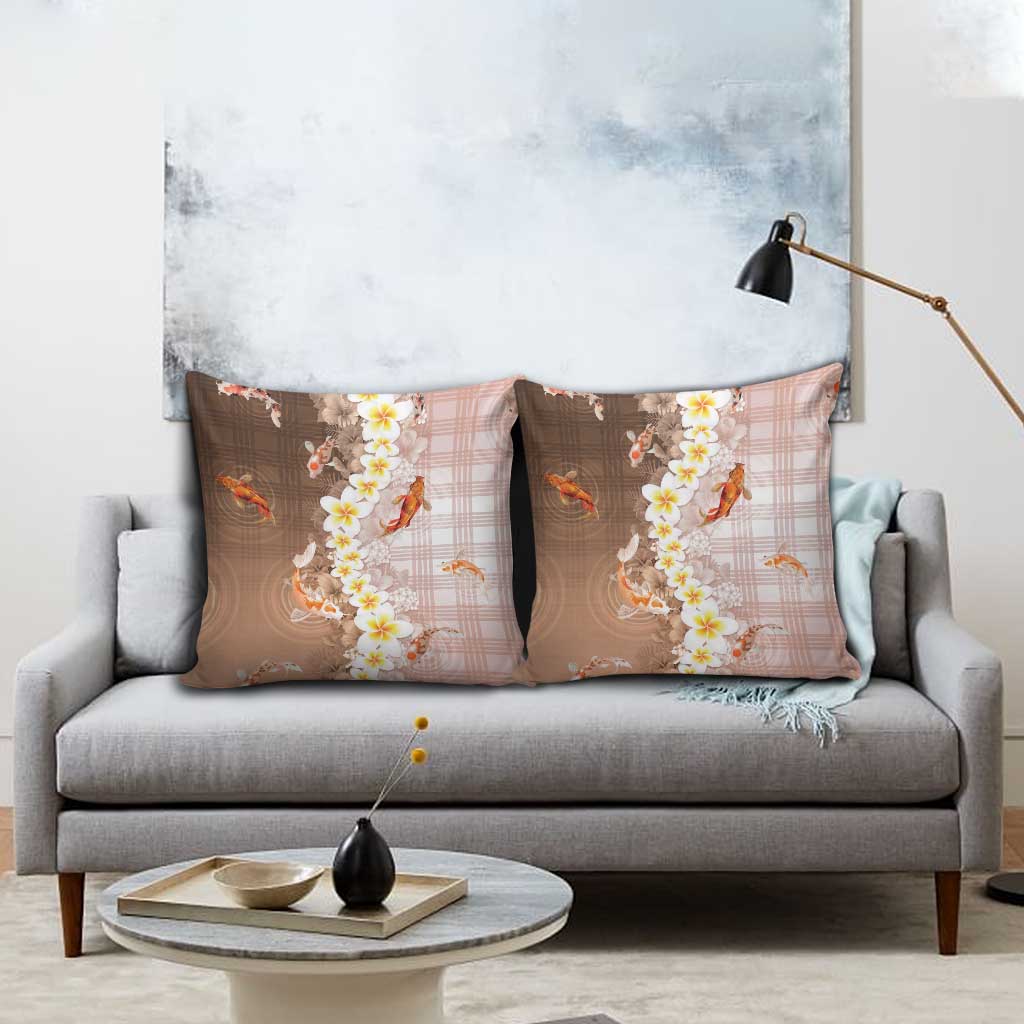 Hawaii And Japan Pillow Cover Plumeria Lei With Koi Fish Beige - Polynesian Pride