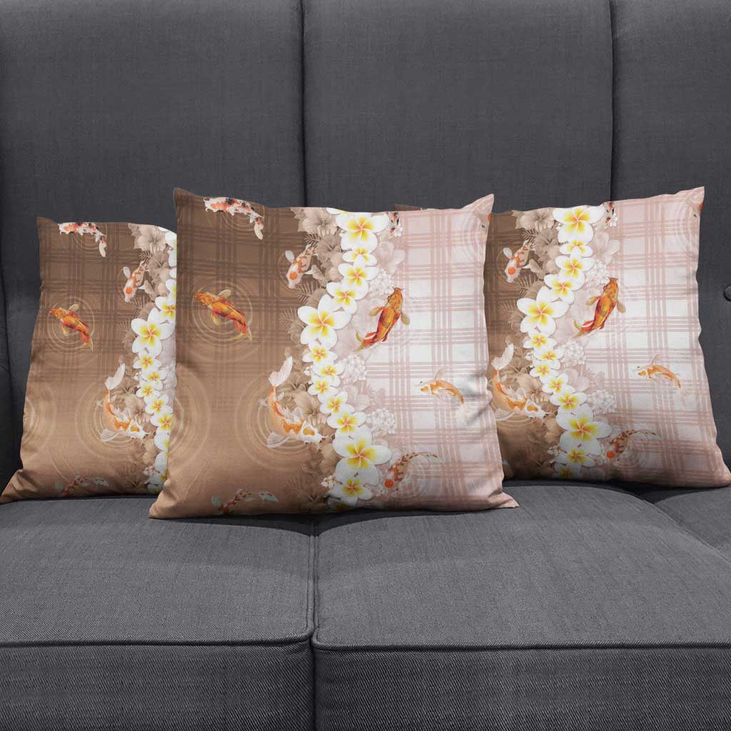 Hawaii And Japan Pillow Cover Plumeria Lei With Koi Fish Beige - Polynesian Pride