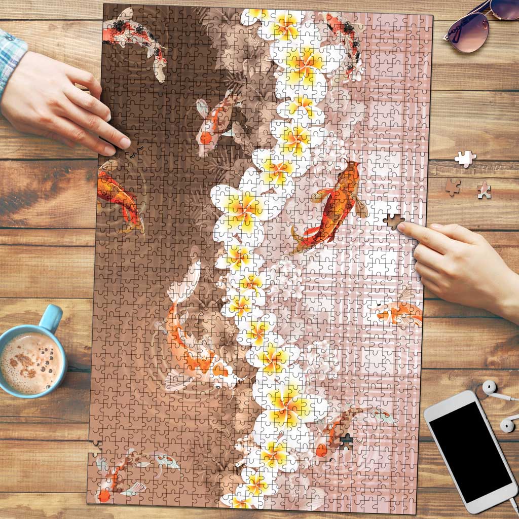 Hawaii And Japan Puzzle Plumeria Lei With Koi Fish Beige - Polynesian Pride
