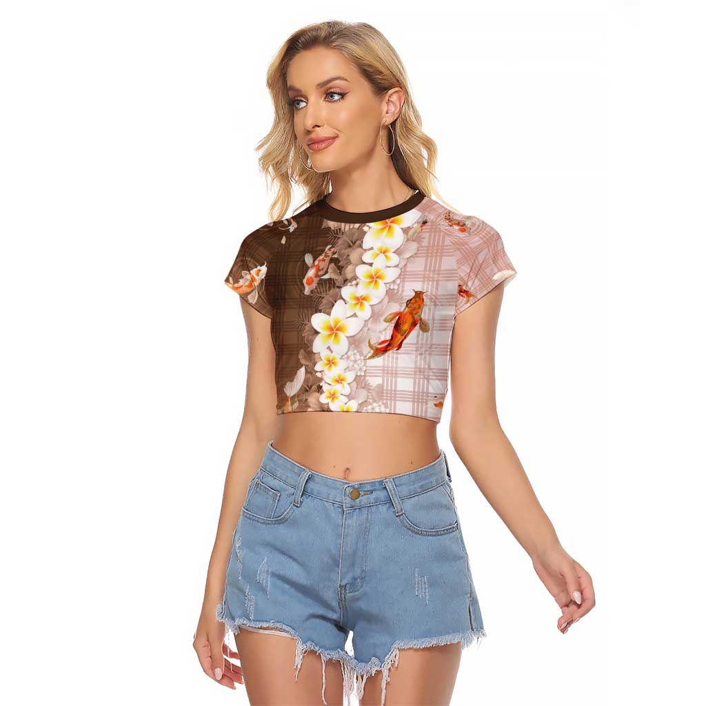 Hawaii And Japan Raglan Cropped T Shirt Plumeria Lei With Koi Fish Beige - Polynesian Pride
