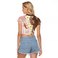 Hawaii And Japan Raglan Cropped T Shirt Plumeria Lei With Koi Fish Beige - Polynesian Pride