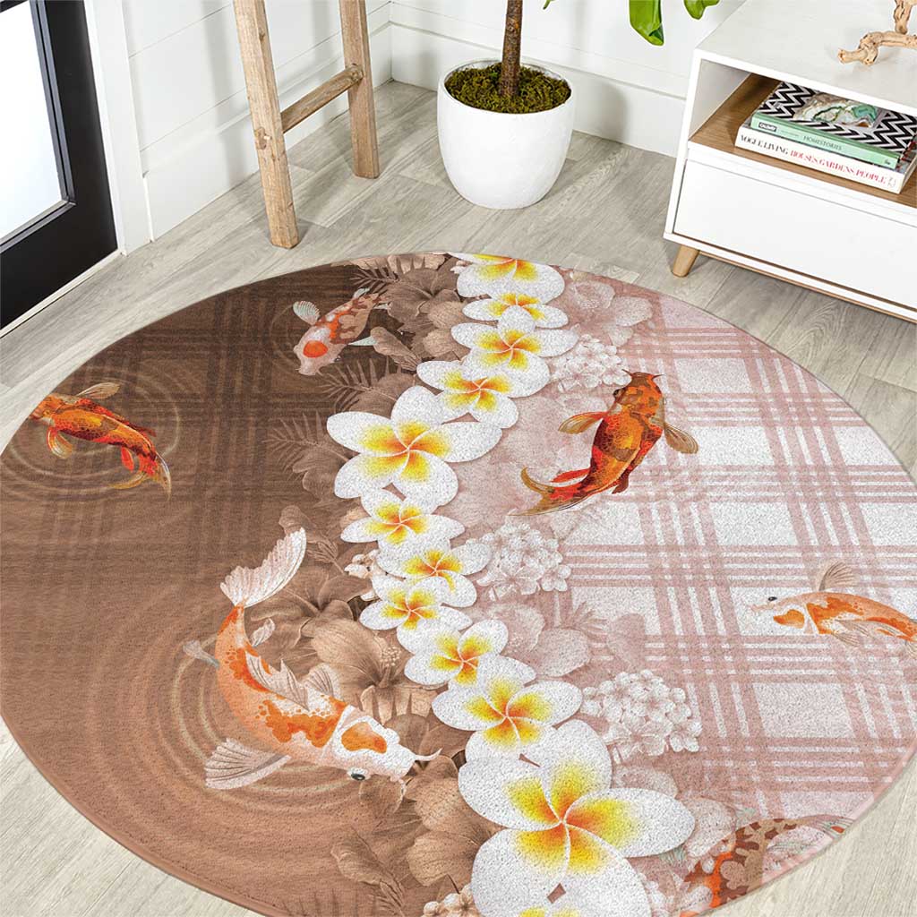 Hawaii And Japan Round Carpet Plumeria Lei With Koi Fish Beige LT05 Beige - Polynesian Pride