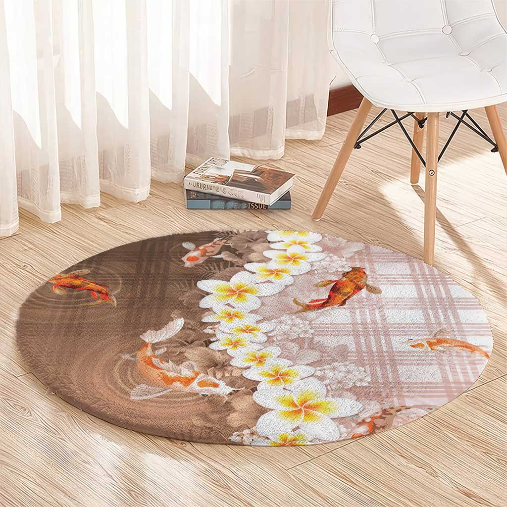 Hawaii And Japan Round Carpet Plumeria Lei With Koi Fish Beige - Polynesian Pride