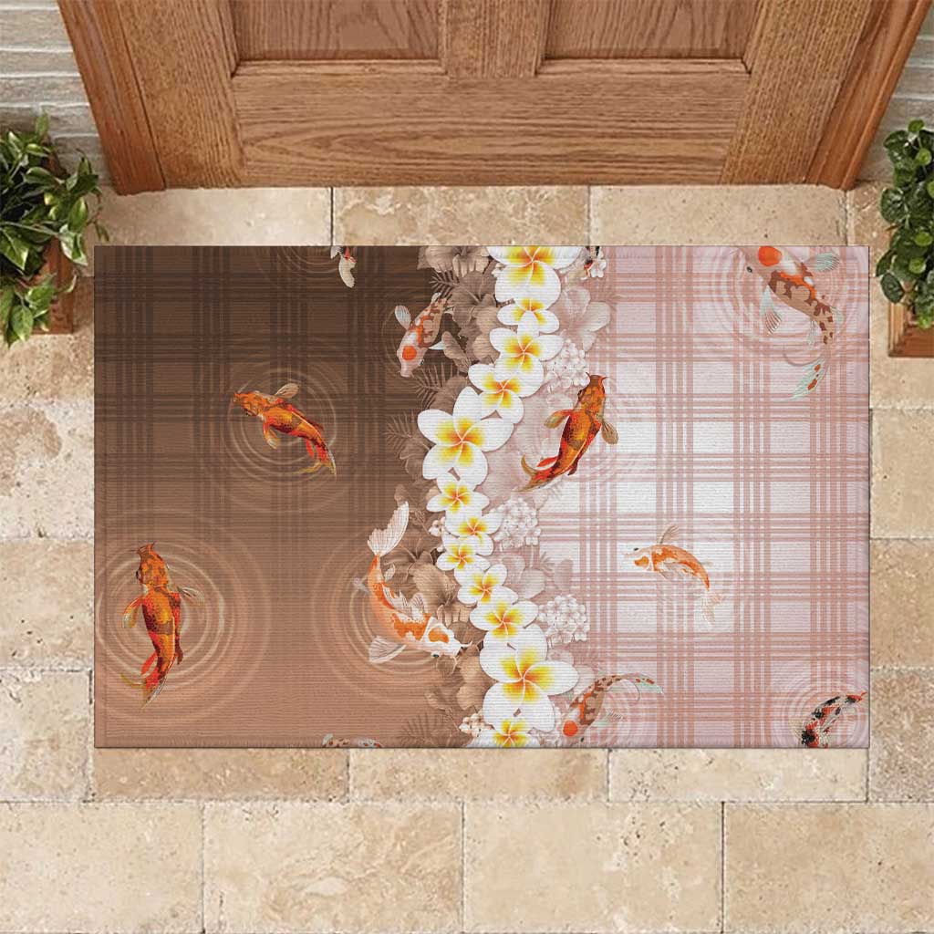 Hawaii And Japan Rubber Doormat Plumeria Lei With Koi Fish Beige - Polynesian Pride