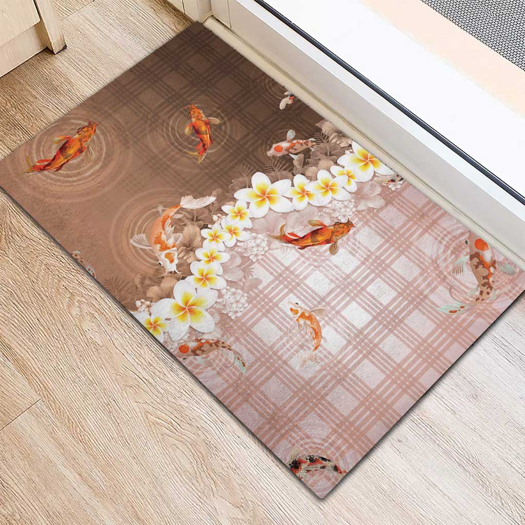 Hawaii And Japan Rubber Doormat Plumeria Lei With Koi Fish Beige - Polynesian Pride