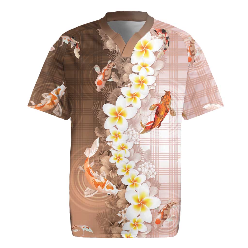 Hawaii And Japan Rugby Jersey Plumeria Lei With Koi Fish Beige - Polynesian Pride