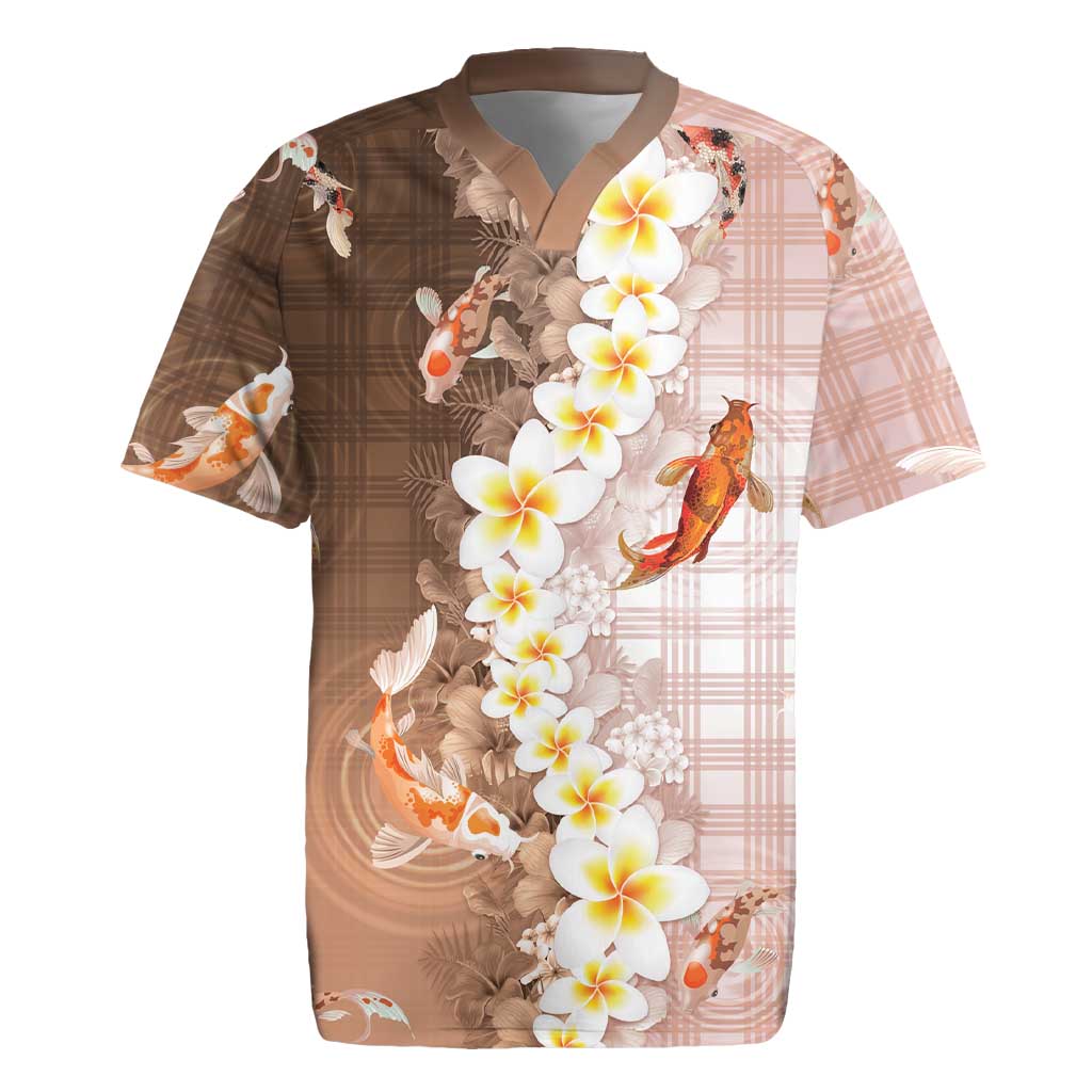 Hawaii And Japan Rugby Jersey Plumeria Lei With Koi Fish Beige LT05 Beige - Polynesian Pride