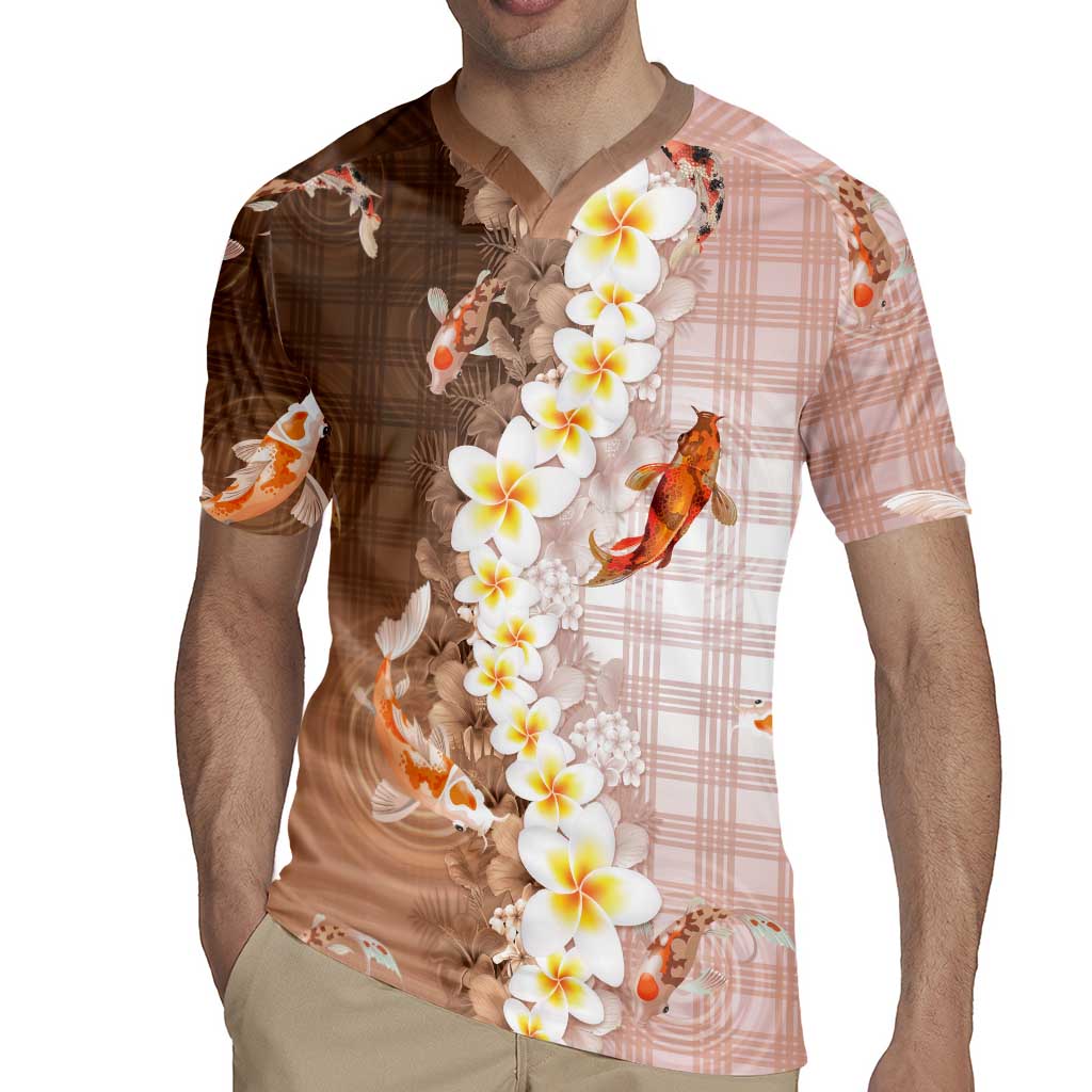 Hawaii And Japan Rugby Jersey Plumeria Lei With Koi Fish Beige - Polynesian Pride