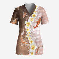 Hawaii And Japan Scrub Top Plumeria Lei With Koi Fish Beige - Polynesian Pride