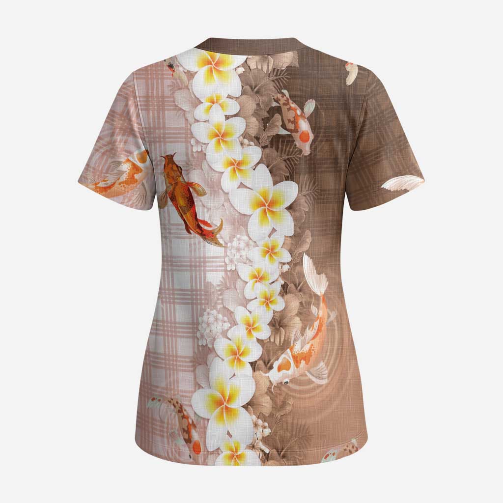 Hawaii And Japan Scrub Top Plumeria Lei With Koi Fish Beige - Polynesian Pride