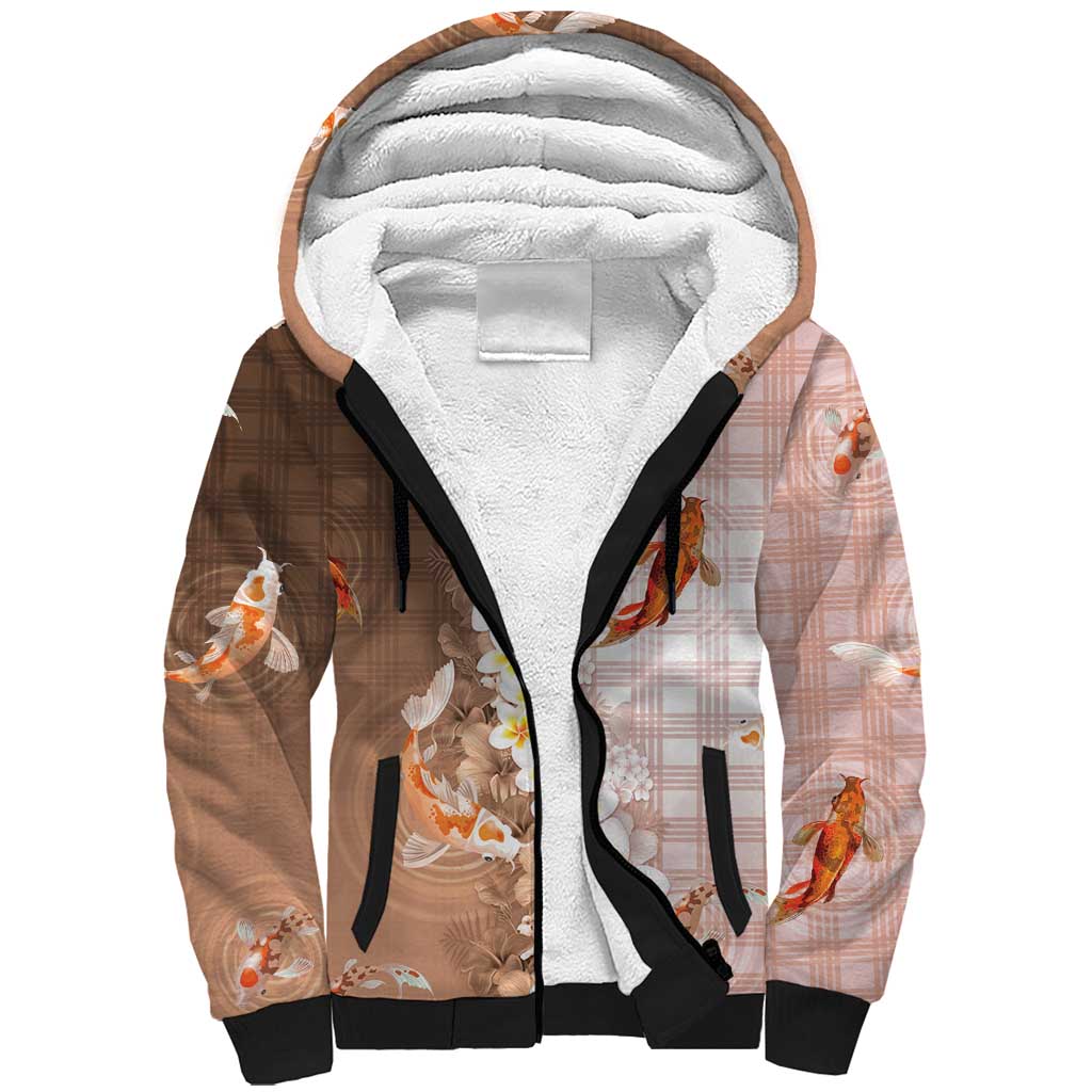 Hawaii And Japan Sherpa Hoodie Plumeria Lei With Koi Fish Beige LT05 Unisex Beige - Polynesian Pride