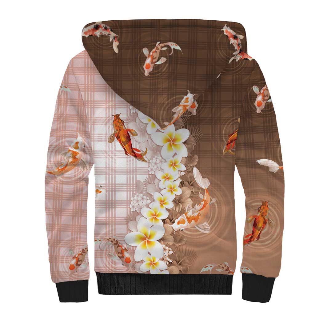 Hawaii And Japan Sherpa Hoodie Plumeria Lei With Koi Fish Beige - Polynesian Pride