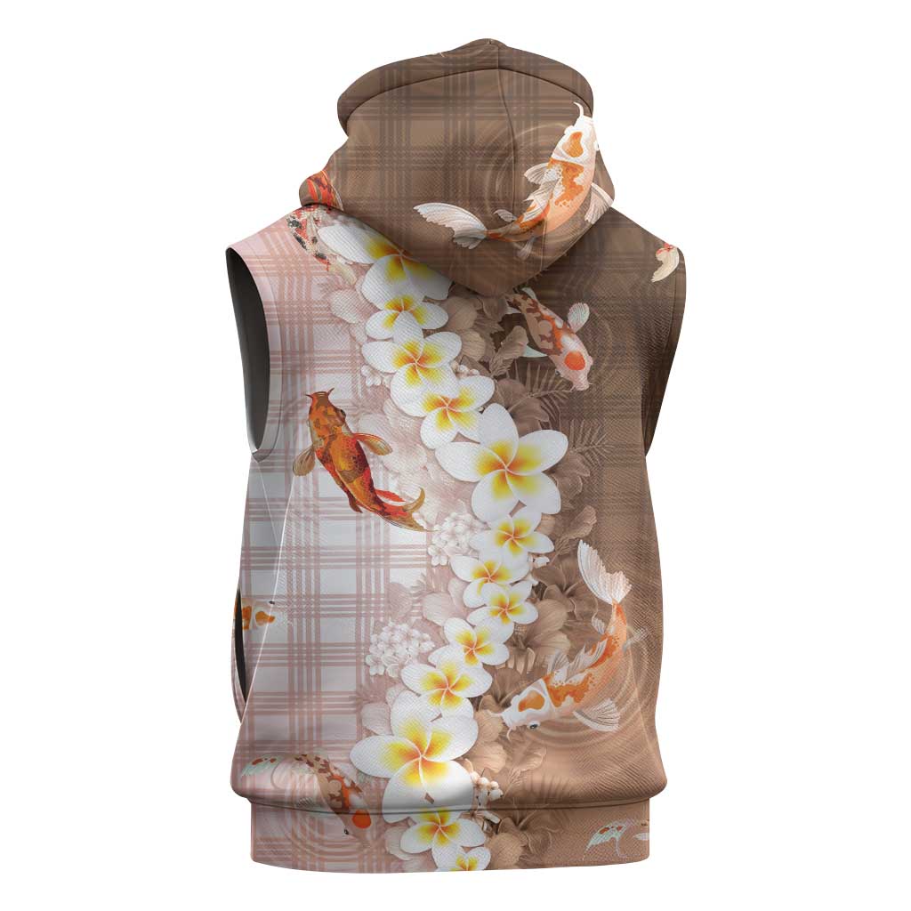 Hawaii And Japan Sleeveless Hoodie Plumeria Lei With Koi Fish Beige - Polynesian Pride
