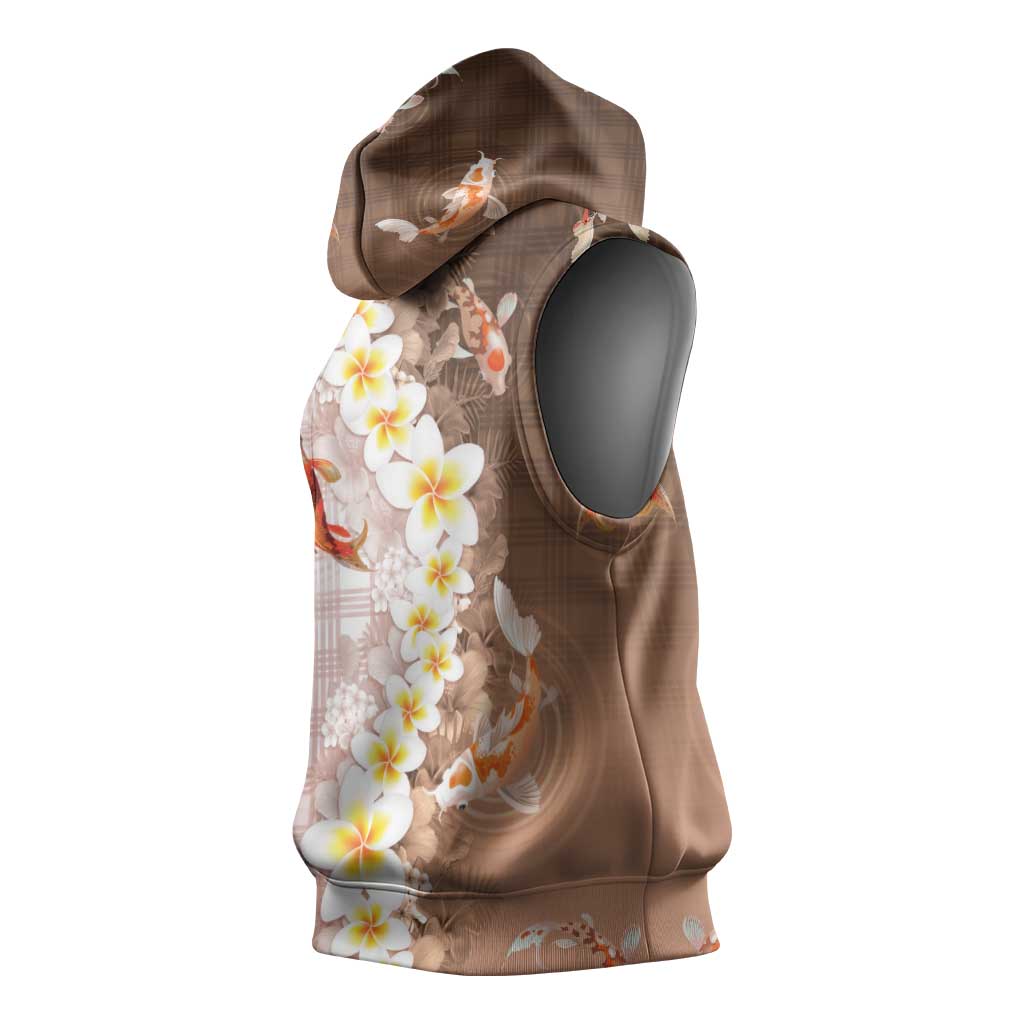 Hawaii And Japan Sleeveless Hoodie Plumeria Lei With Koi Fish Beige - Polynesian Pride