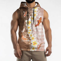 Hawaii And Japan Sleeveless Hoodie Plumeria Lei With Koi Fish Beige - Polynesian Pride