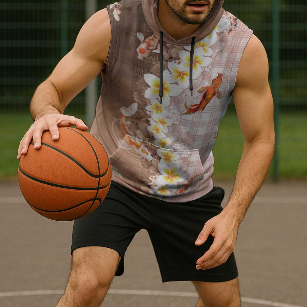 Hawaii And Japan Sleeveless Hoodie Plumeria Lei With Koi Fish Beige - Polynesian Pride