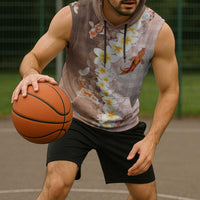 Hawaii And Japan Sleeveless Hoodie Plumeria Lei With Koi Fish Beige - Polynesian Pride