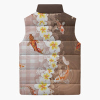 Hawaii And Japan Sleeveless Puffer Jacket Plumeria Lei With Koi Fish Beige - Polynesian Pride