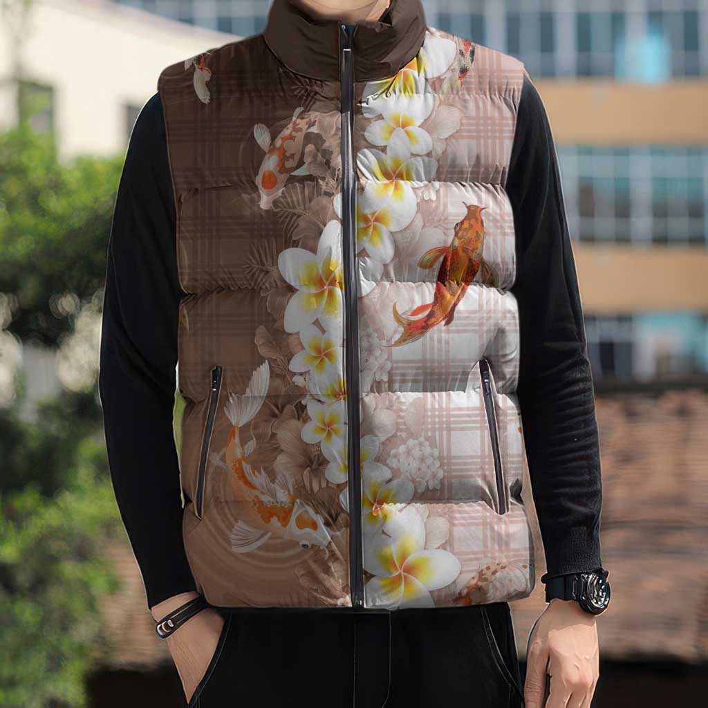 Hawaii And Japan Sleeveless Puffer Jacket Plumeria Lei With Koi Fish Beige - Polynesian Pride