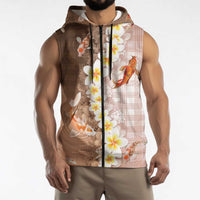 Hawaii And Japan Sleeveless Zip Hoodie Plumeria Lei With Koi Fish Beige - Polynesian Pride