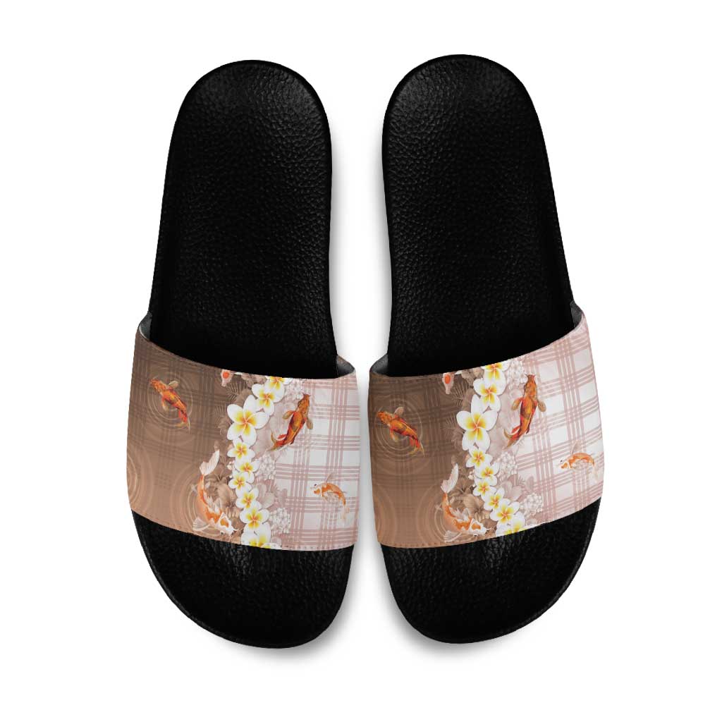 Hawaii And Japan Slide Sandals Plumeria Lei With Koi Fish Beige LT05 Beige - Polynesian Pride