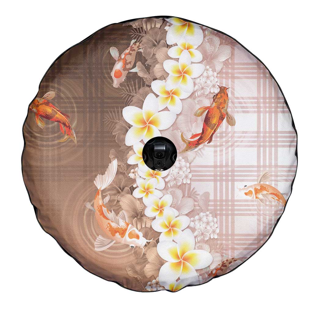 Hawaii And Japan Spare Tire Cover Plumeria Lei With Koi Fish Beige - Polynesian Pride