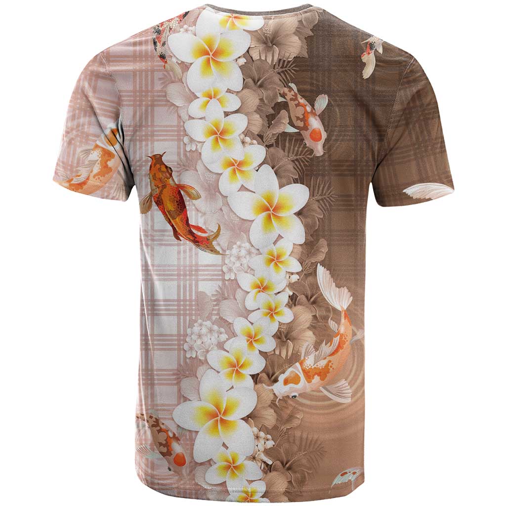 Hawaii And Japan T Shirt Plumeria Lei With Koi Fish Beige - Polynesian Pride