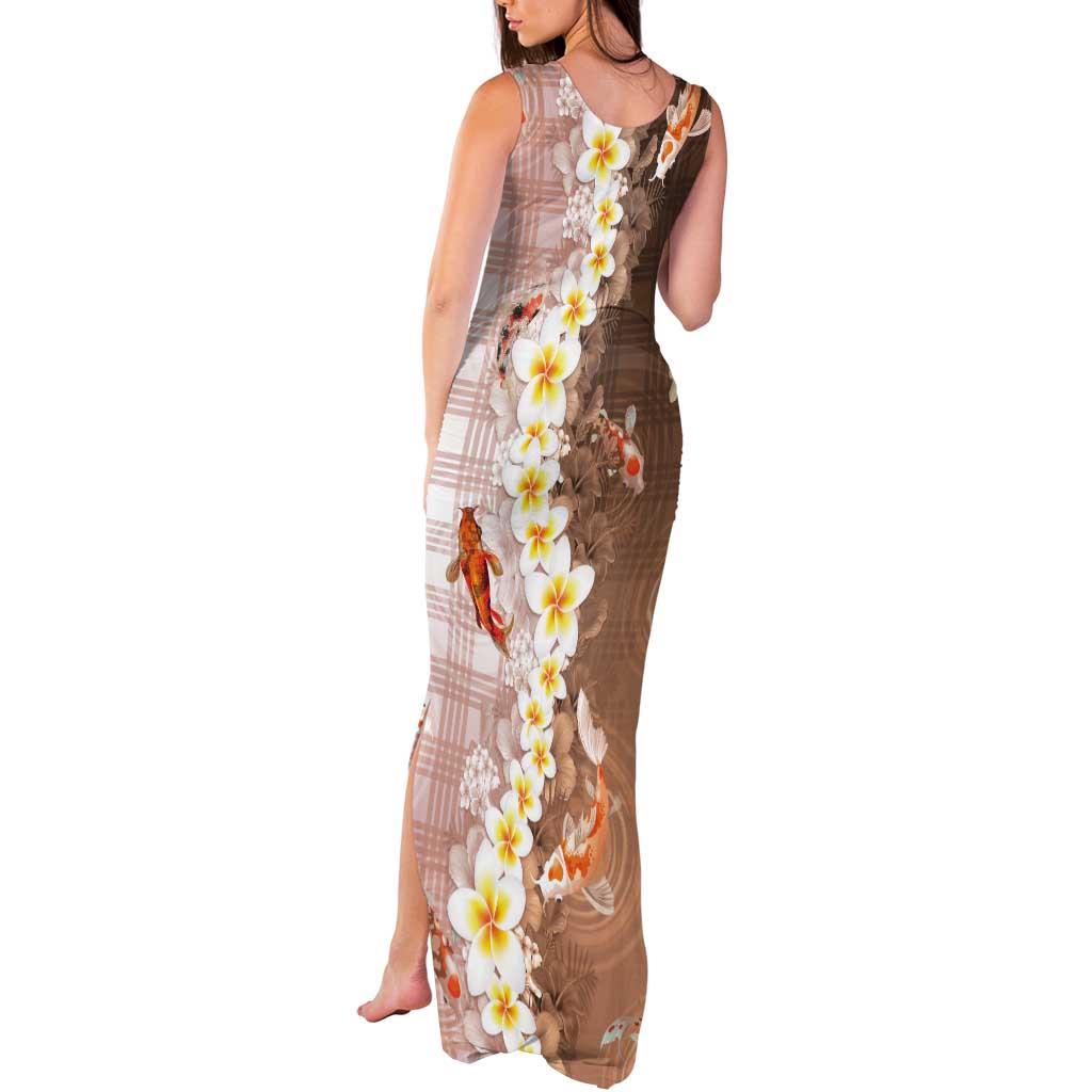 Hawaii And Japan Tank Maxi Dress Plumeria Lei With Koi Fish Beige LT05 - Polynesian Pride