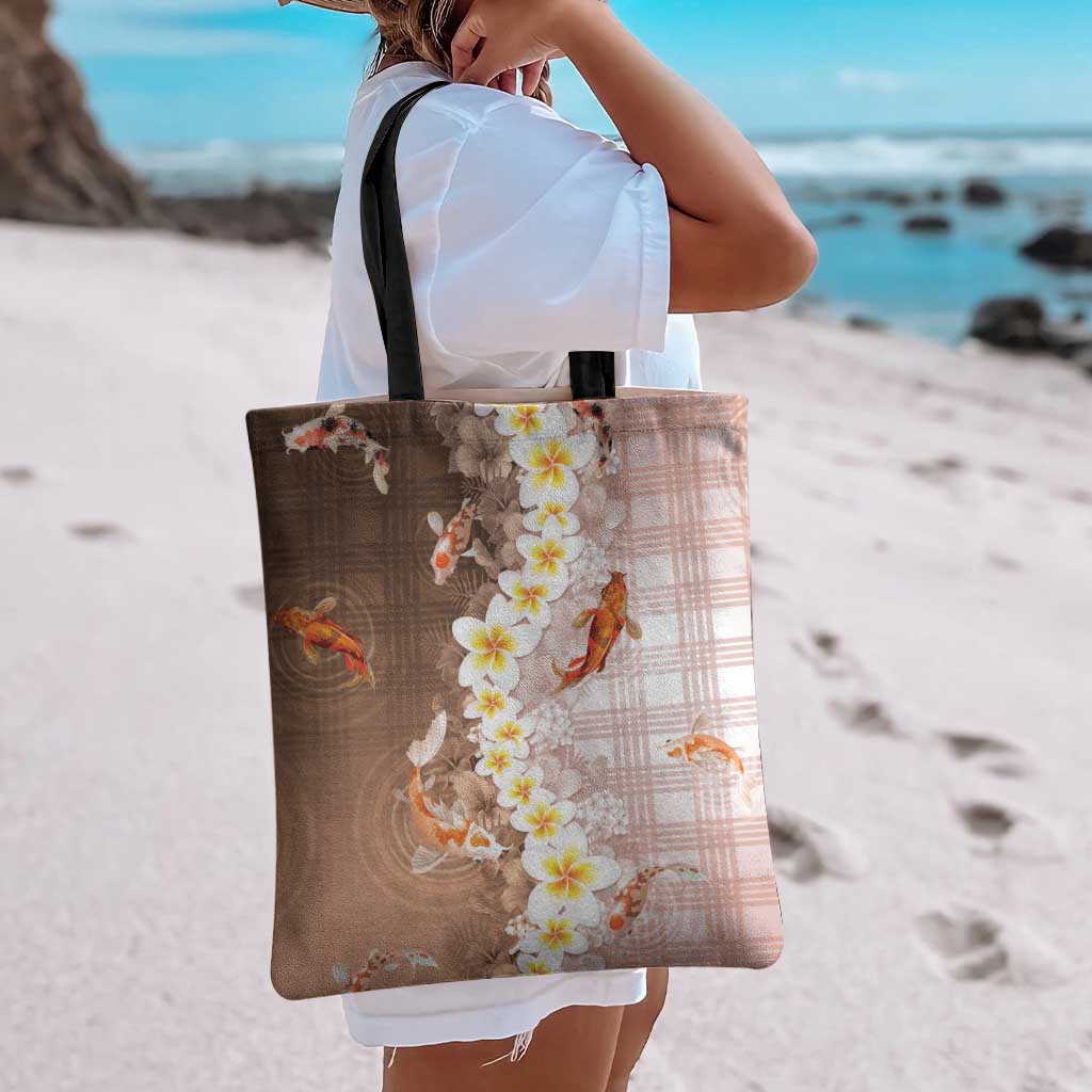 Hawaii And Japan Tote Bag Plumeria Lei With Koi Fish Beige - Polynesian Pride