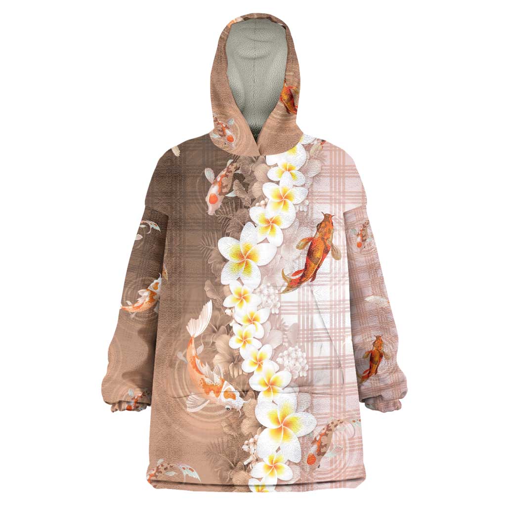 Hawaii And Japan Wearable Blanket Hoodie Plumeria Lei With Koi Fish Beige - Polynesian Pride