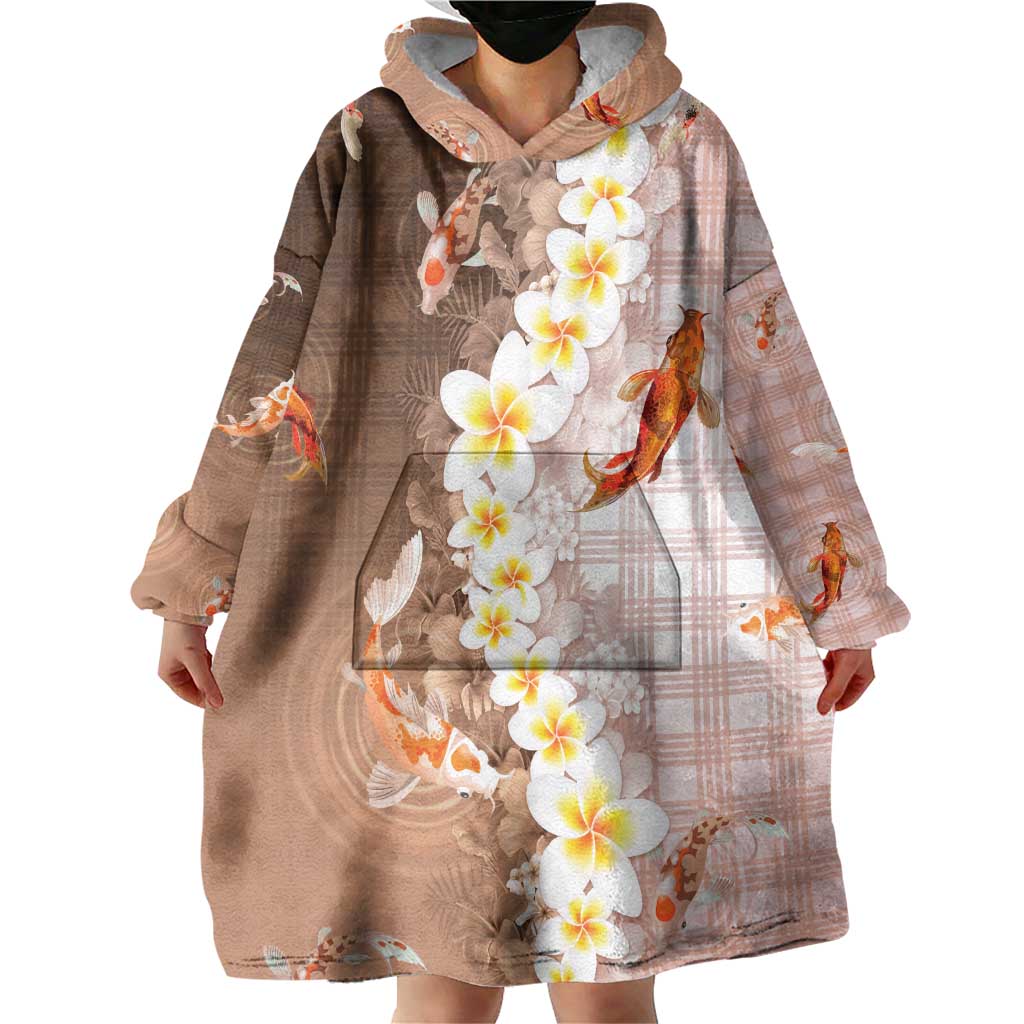 Hawaii And Japan Wearable Blanket Hoodie Plumeria Lei With Koi Fish Beige - Polynesian Pride