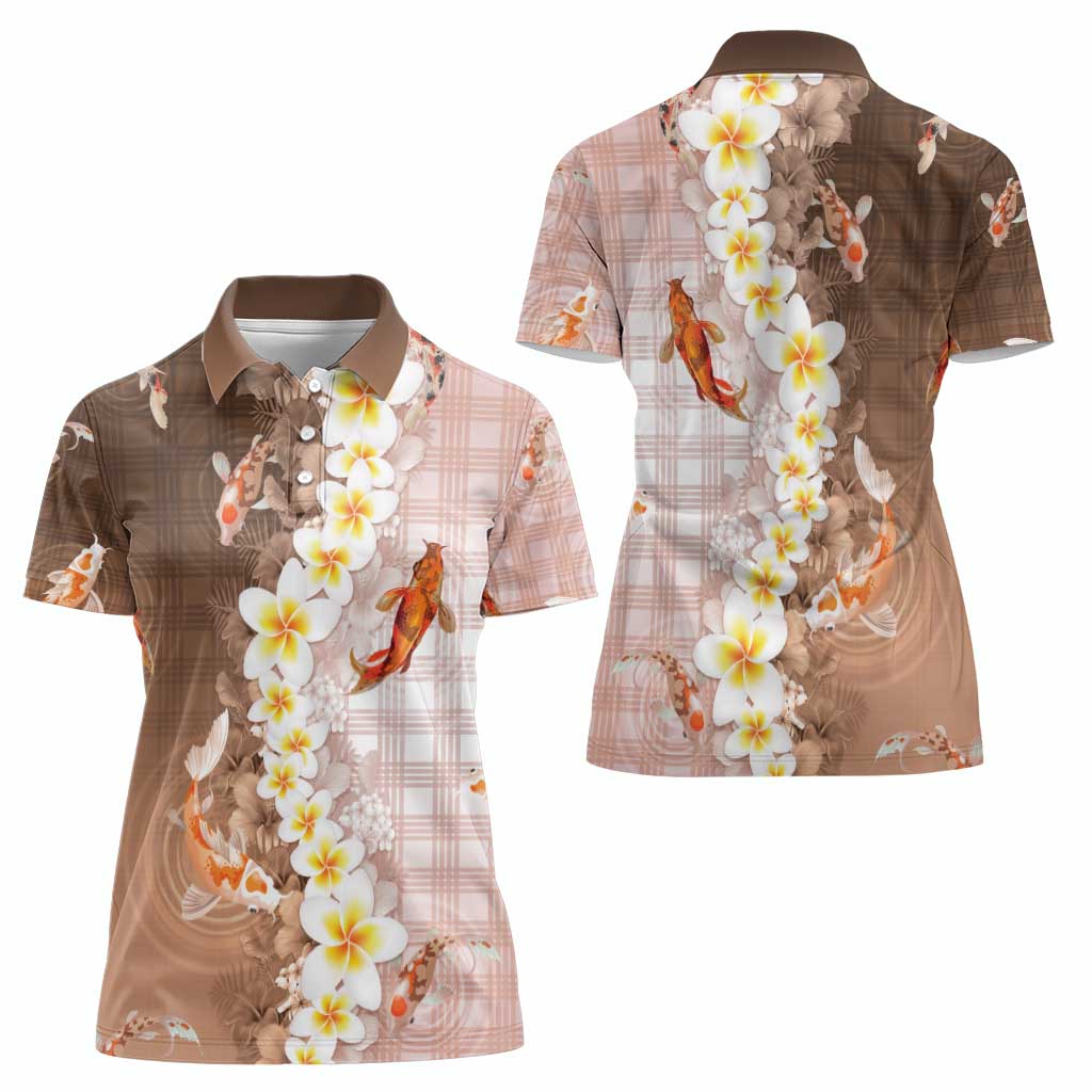 Hawaii And Japan Women Polo Shirt Plumeria Lei With Koi Fish Beige - Polynesian Pride