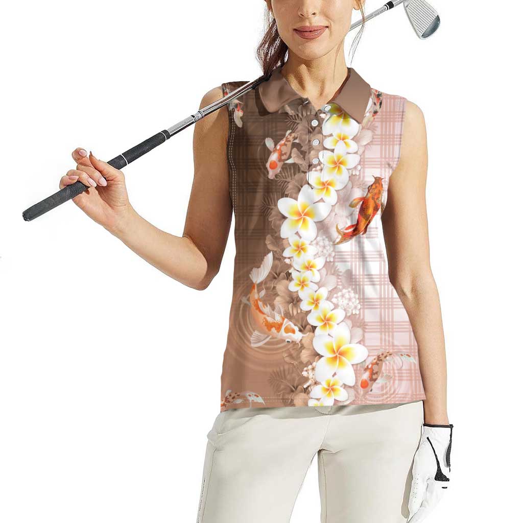 Hawaii And Japan Women Sleeveless Polo Shirt Plumeria Lei With Koi Fish Beige - Polynesian Pride