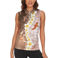 Hawaii And Japan Women Sleeveless Polo Shirt Plumeria Lei With Koi Fish Beige - Polynesian Pride