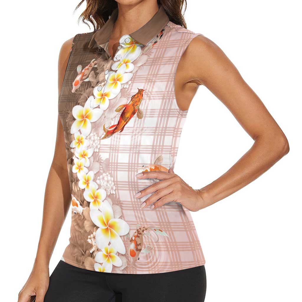 Hawaii And Japan Women Sleeveless Polo Shirt Plumeria Lei With Koi Fish Beige - Polynesian Pride
