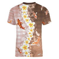 Hawaii And Japan Women V-Neck T-Shirt Plumeria Lei With Koi Fish Beige - Polynesian Pride