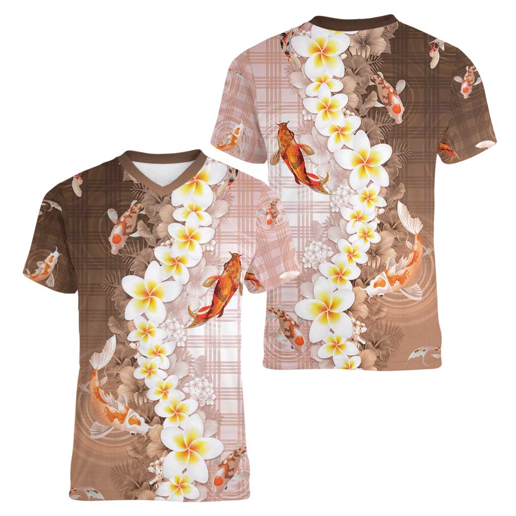 Hawaii And Japan Women V-Neck T-Shirt Plumeria Lei With Koi Fish Beige - Polynesian Pride
