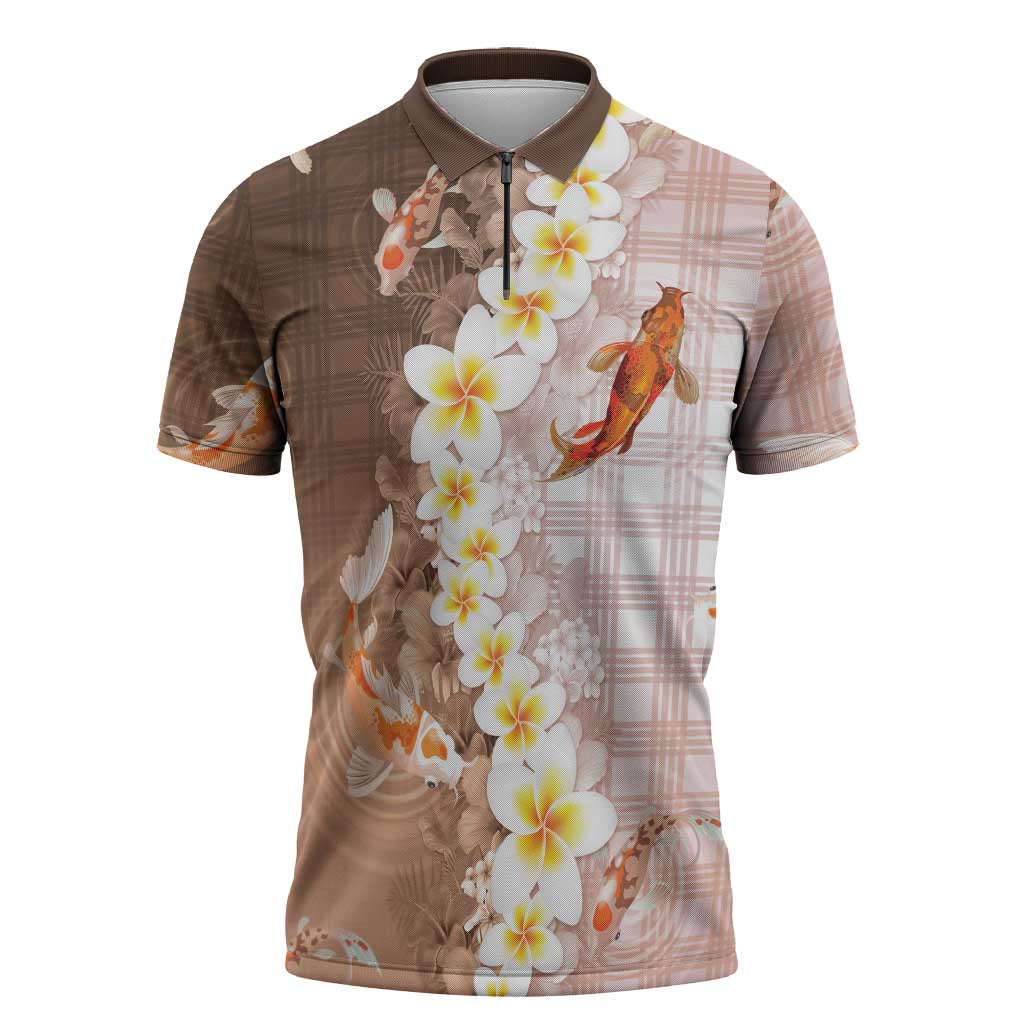 Hawaii And Japan Zipper Polo Shirt Plumeria Lei With Koi Fish Beige - Polynesian Pride