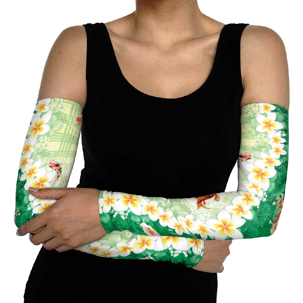 Hawaii And Japan Arm Sleeves Plumeria Lei With Koi Fish Green - Polynesian Pride