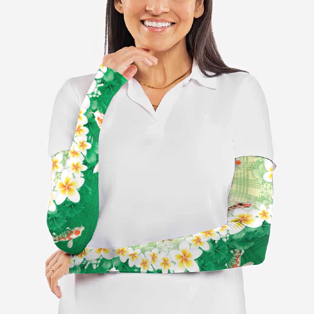 Hawaii And Japan Arm Sleeves Plumeria Lei With Koi Fish Green - Polynesian Pride
