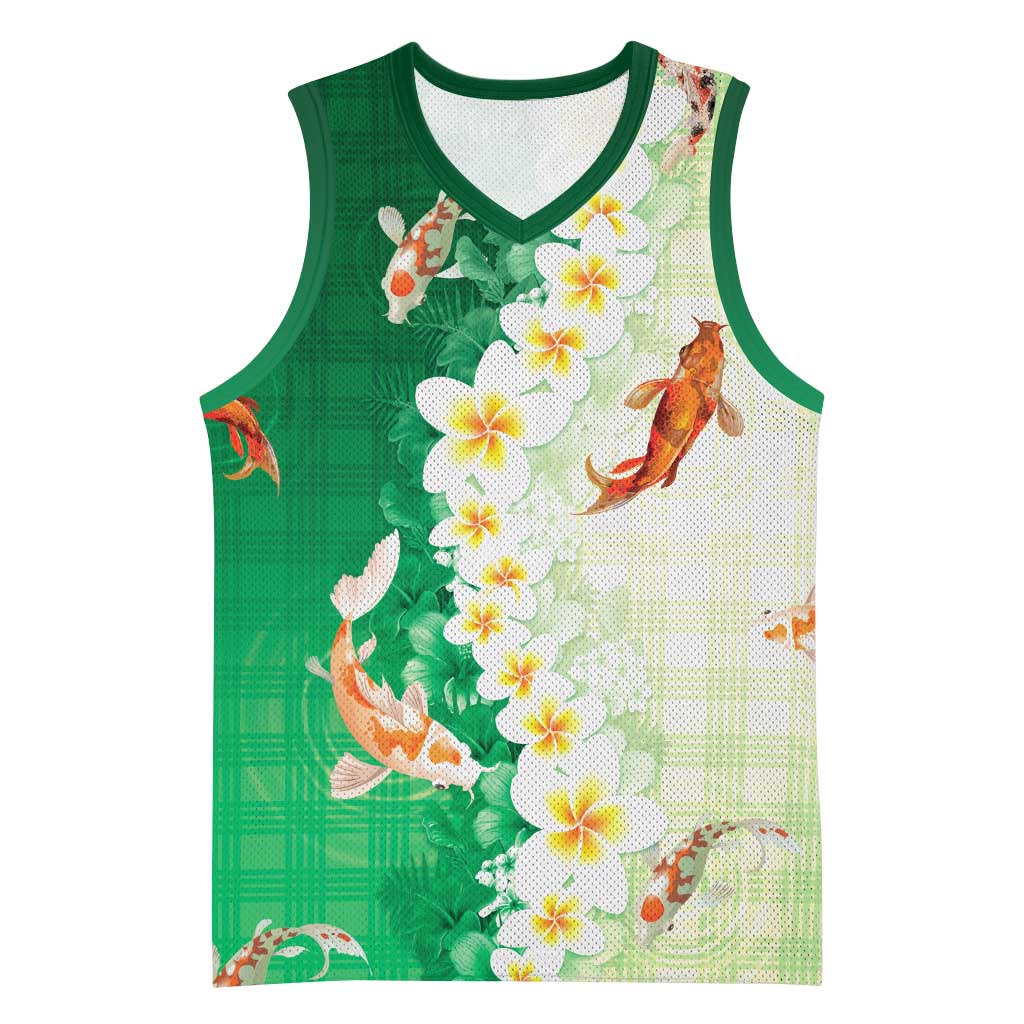 Hawaii And Japan Basketball Jersey Plumeria Lei With Koi Fish Green - Polynesian Pride