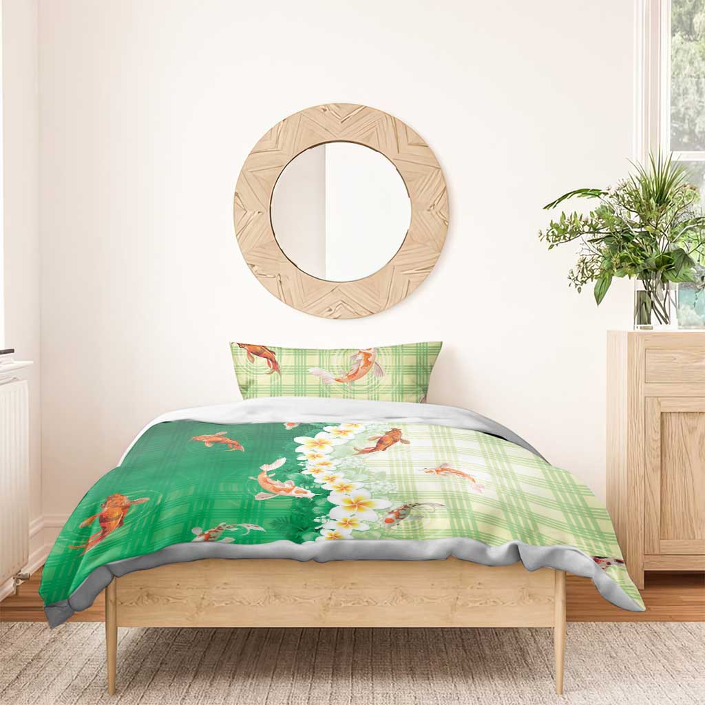 Hawaii And Japan Bedding Set Plumeria Lei With Koi Fish Green - Polynesian Pride