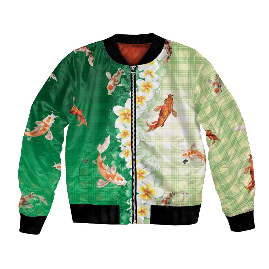 Hawaii And Japan Bomber Jacket Plumeria Lei With Koi Fish Green - Polynesian Pride