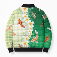 Hawaii And Japan Bomber Puffer Jacket Plumeria Lei With Koi Fish Green - Polynesian Pride